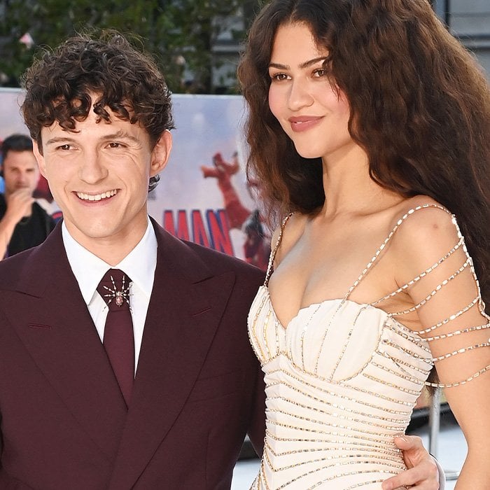 Tom Holland wearing the Pragnell Spider Brooch at the premier of Spiderman Brand New Day, with Zendaya