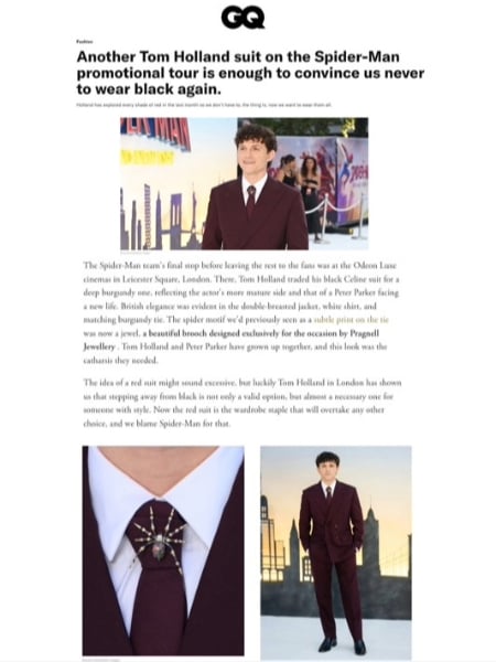 Tom Holland wearing the Pragnell Spider Brooch