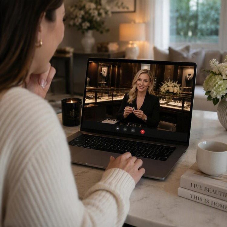 Customer having a virtual jewellery consultation with a Pragnell expert