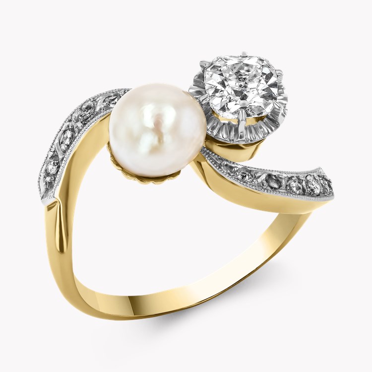 Edwardian Cushion Cut Diamond and Pearl Toi et Moi Ring in 18ct Yellow Gold - Cushion Antique Cut, Claw Set
