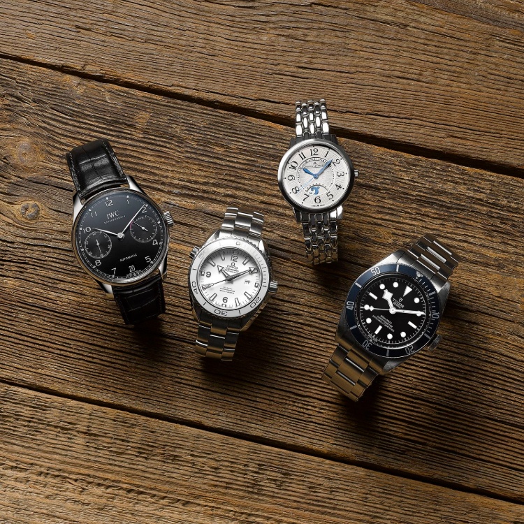 Curated selection of luxury watches including IWC Schaffhausen, Omega, Jaeger-LeCoultre and Tudor models