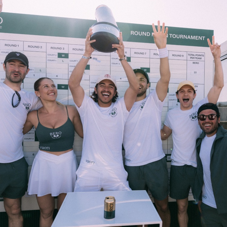 The winners receiving the 2026 BERO Padel Classic trophy designed by Pragnell