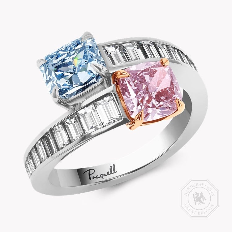 Masterpiece 2.65ct Pink and Blue Diamond Toi et Moi Ring in Platinum and 18ct Rose Gold - Radiant and Cushion Cut, Claw Set