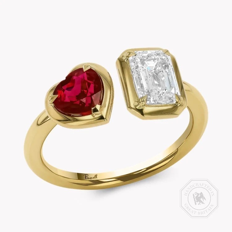 Skimming Stone 1.20ct Diamond and Burma Ruby Toi et Moi Ring in 18ct Yellow Gold - Emerald Cut & Heart Shape, Claw Set
